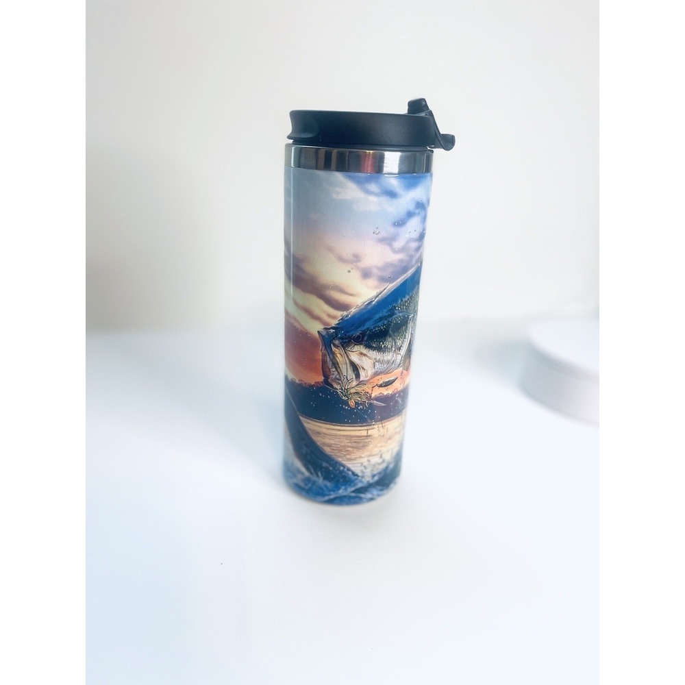 Skinny tumbler custom stainless steel fishing, bass, fisherman water sunset